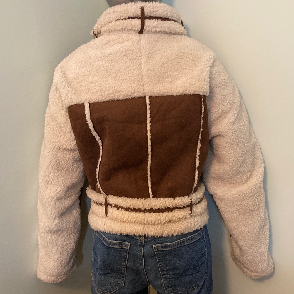 Brown Faux Shearling Biker Jacket with Cream Trim - Picture 5 of 14